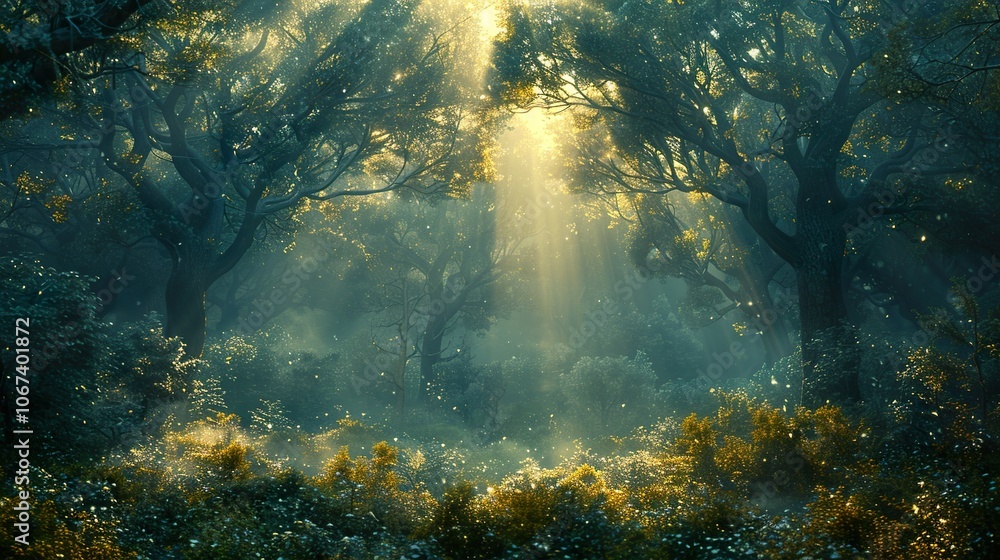 Enchanted Forest: Sunlight Through Trees in a Mystical Forest Landscape Enchanted Forest: Sunlight Through Trees in a Mystical Forest Landscape