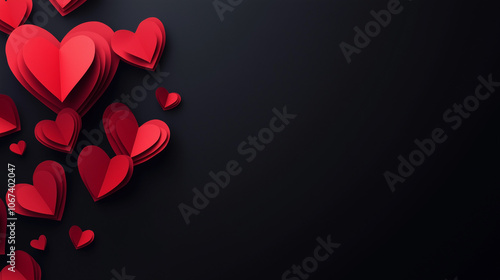 Black background with paper red hearts. The concept of Valentine`s Day, 14th February, postcard, top view, horizontal, copy space