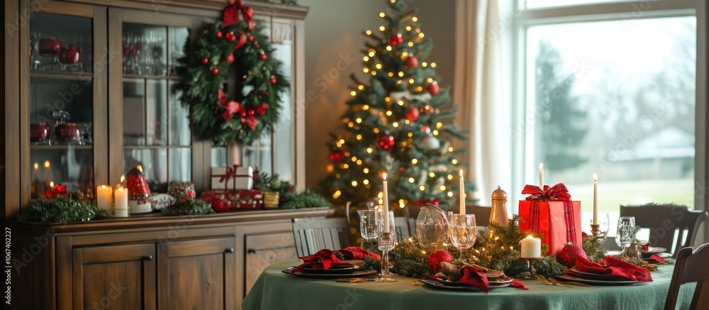 Obraz premium A festive dining setup with a Christmas tree and decorations, creating a cozy holiday atmosphere.
