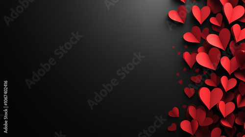 Black background with paper red hearts. The concept of Valentine`s Day, 14th February, postcard, top view, horizontal, copy space