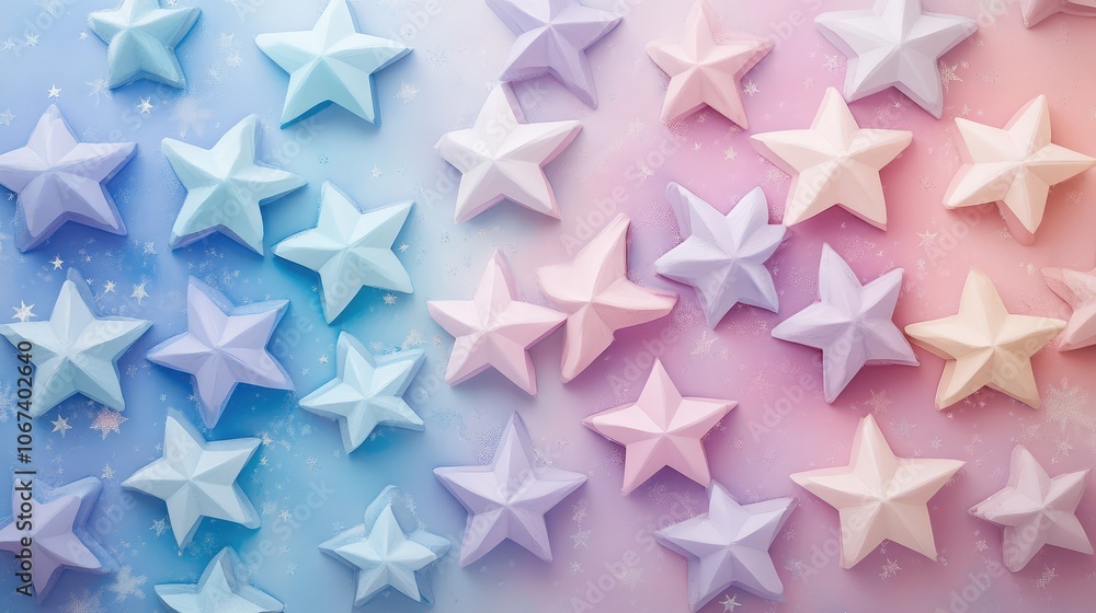Gentle pastel stars in shades of pink, blue, and lavender, arranged in a whimsical holiday pattern on a soft background. Gentle pastel stars in shades of pink, blue, and lavender, arranged in a whimsical holiday pattern on a soft background.