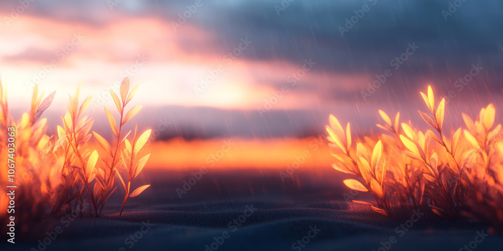 A close up of glowing plants bathed in the warm light of a sunset. A close up of glowing plants bathed in the warm light of a sunset.