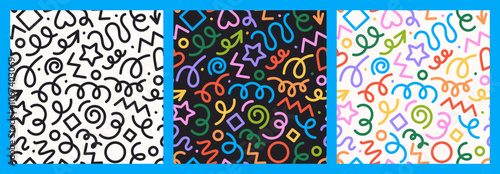 Seamless pattern of playful, abstract doodles, colorful linear shapes, modern doodle style. Vector cartoon illustration