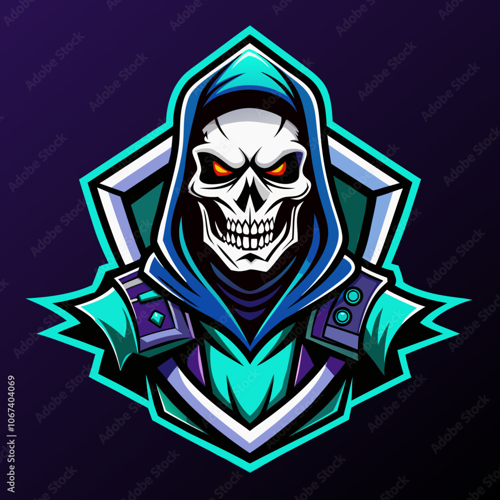 Fototapeta premium A striking esports logo featuring a skeleton in a hooded cloak with glowing eyes, designed for competitive gaming aesthetics