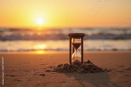 Tranquil sunset on a sandy beach with hourglass representing the passage of time and reflection.