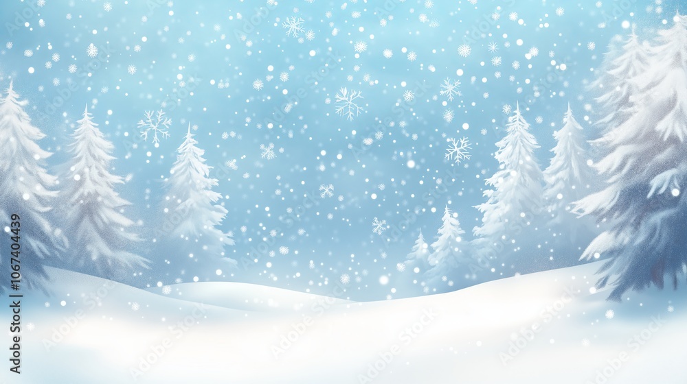 A winter forest with snow-covered fir trees, surrounded by soft snow cover and large snowflakes floating in the air. The bluish background creates a feeling of coolness and calm. A winter forest with snow-covered fir trees, surrounded by soft snow cover and large snowflakes floating in the air. The bluish background creates a feeling of coolness and calm.
