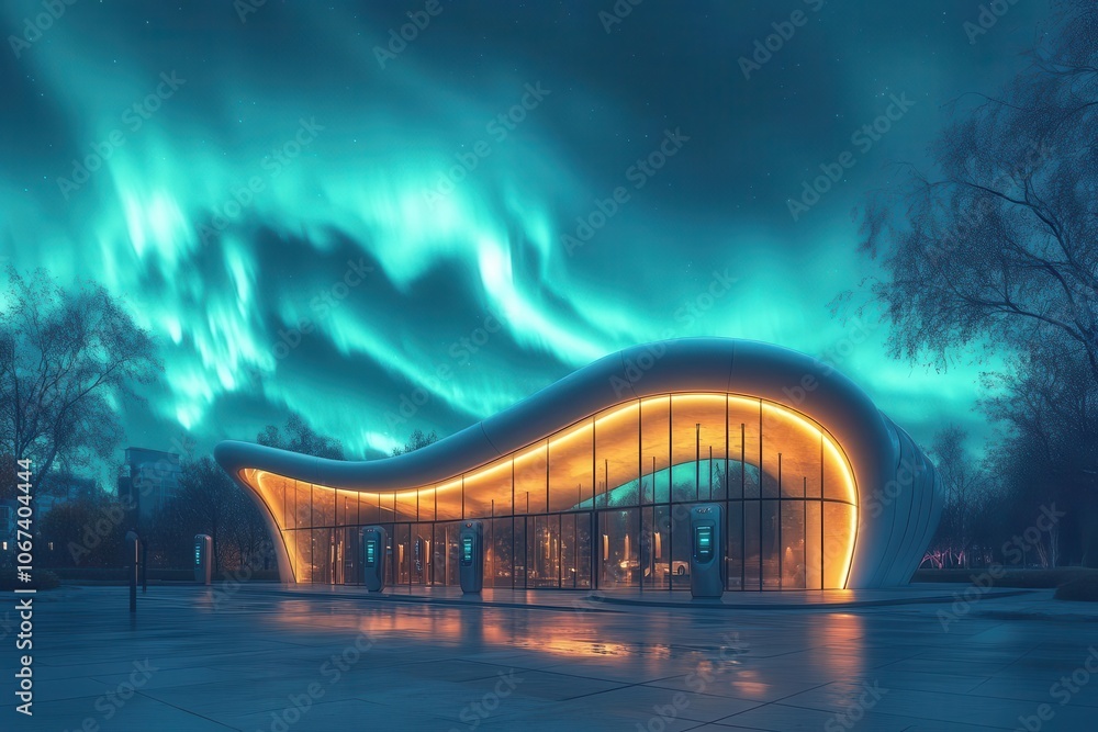 Obraz premium swirling auroras dance above a futuristic park filled with sleek electric vehicle chargers vibrant greenery surrounding the scene evoking a sense of clean energy and innovation