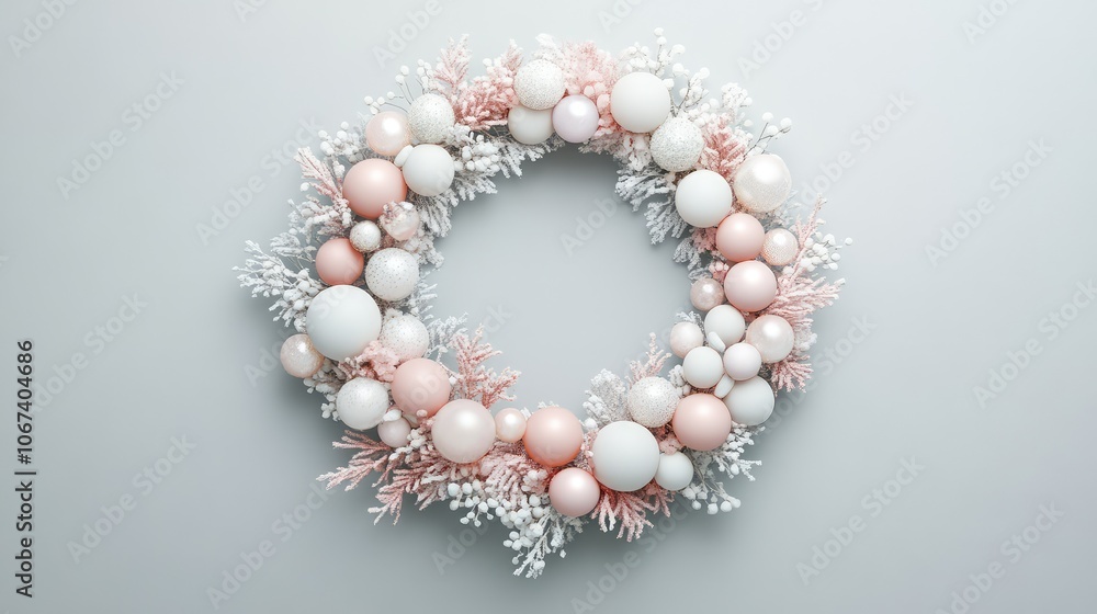Elegant minimalist wreath with soft white and pastel-colored ornaments, arranged against a light gray background. Elegant minimalist wreath with soft white and pastel-colored ornaments, arranged against a light gray background.