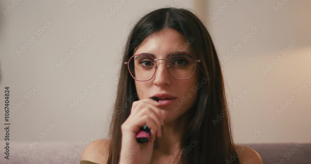 Hispanic woman laughs while smoking vape in living room Hispanic woman laughs while smoking vape in living room