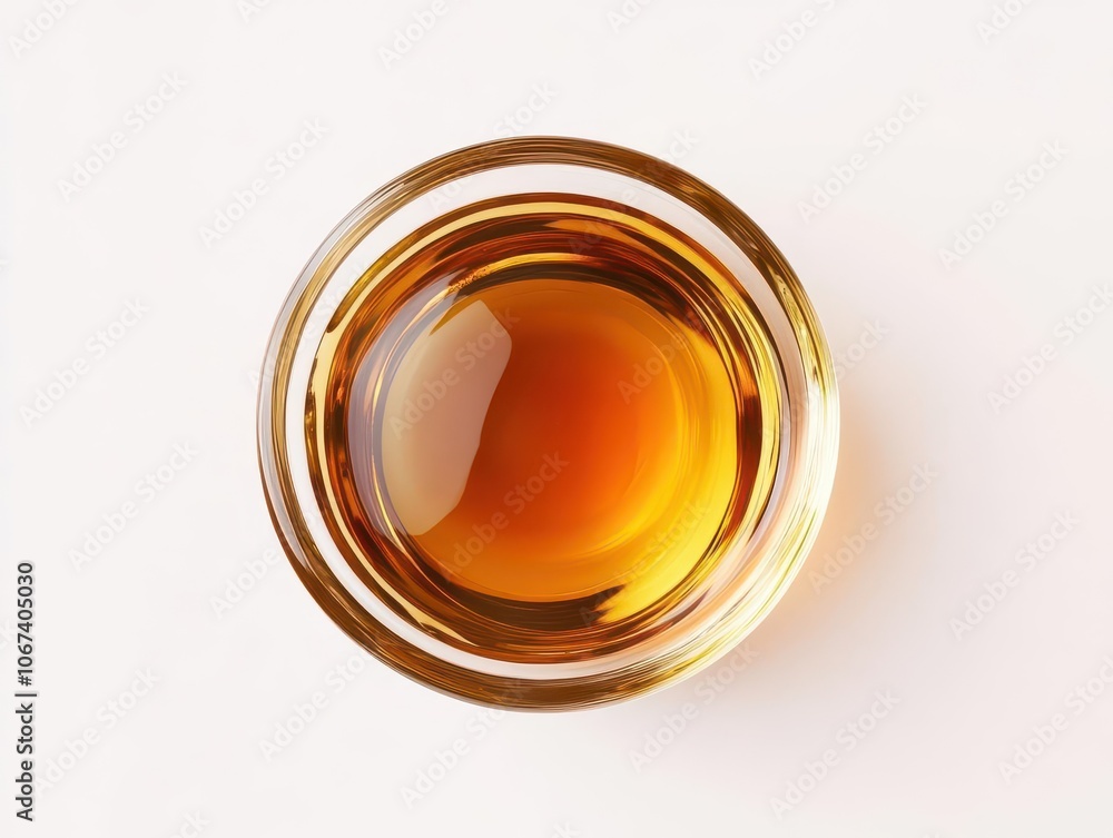a top-down view of a clear glass bowl filled with rich amber-colored liquid, highlighting its glossy texture against a pristine white background, perfect for beverage marketing a top-down view of a clear glass bowl filled with rich amber-colored liquid, highlighting its glossy texture against a pristine white background, perfect for beverage marketing
