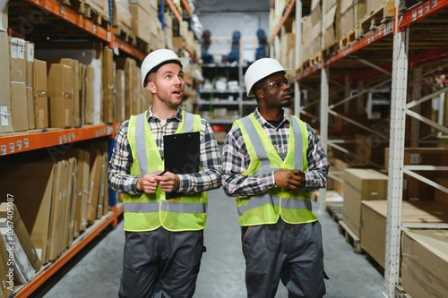 Two warehouse workers checking and controlling boxes in warehouse, Professional warehouse workers