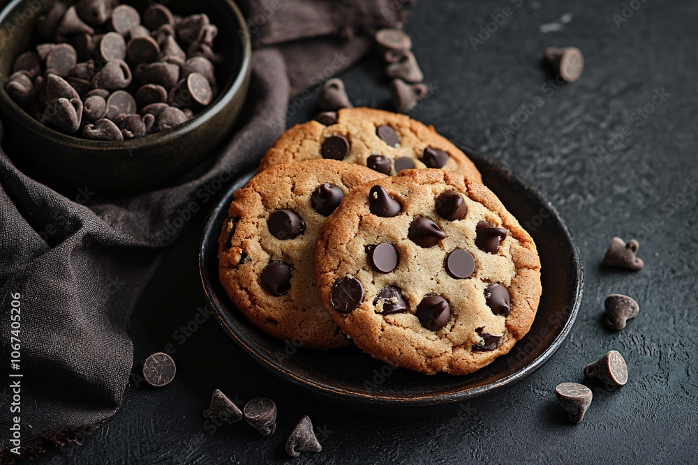 Close-up of Delicious Chocolate Chip Cookies on a Plate Close-up of Delicious Chocolate Chip Cookies on a Plate