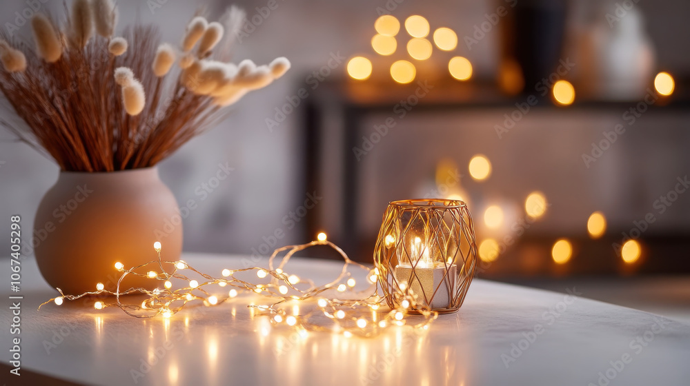 Warm ambiance with led string lights and candle for cozy home decor Warm ambiance with led string lights and candle for cozy home decor