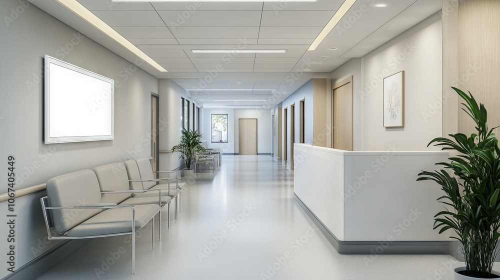Fototapeta premium Modern Hospital Hallway with White Frame Mockup. AI generated illustration