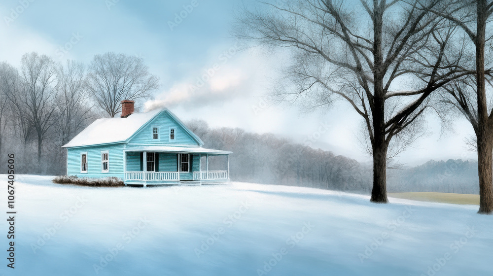 cozy cabin with chimney smoke sits serenely in snowy woods, surrounded by bare trees under clear blue sky cozy cabin with chimney smoke sits serenely in snowy woods, surrounded by bare trees under clear blue sky