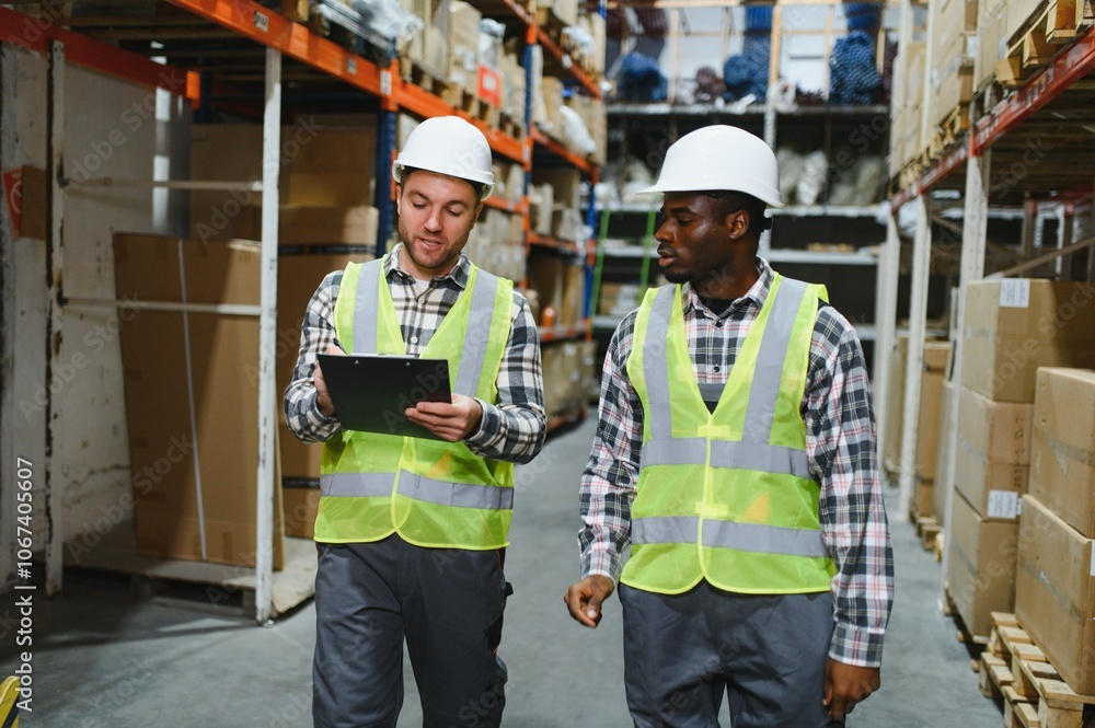 Two warehouse workers. Logistic and business export concept Two warehouse workers. Logistic and business export concept