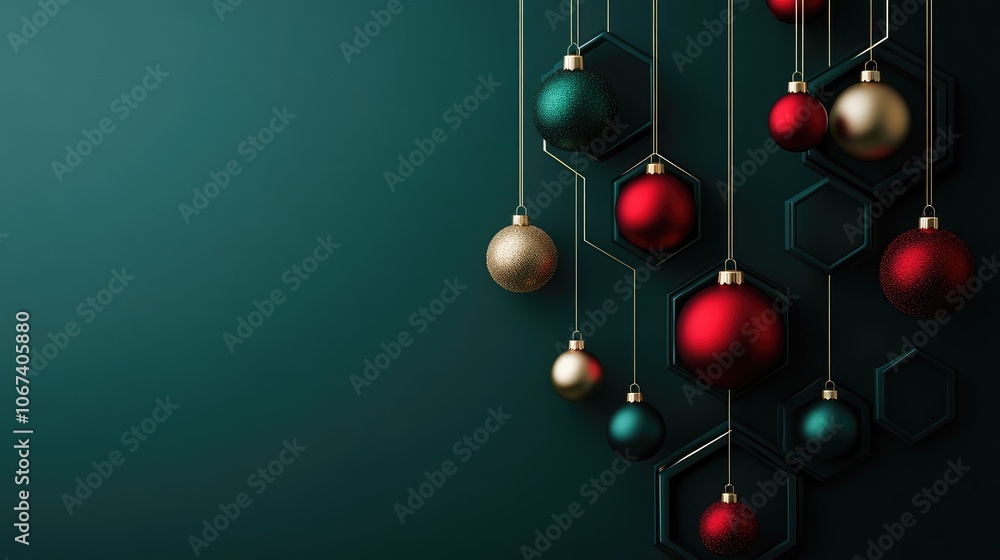Abstract Christmas ornaments in hexagonal shapes with subtle red and gold accents on a dark green background.