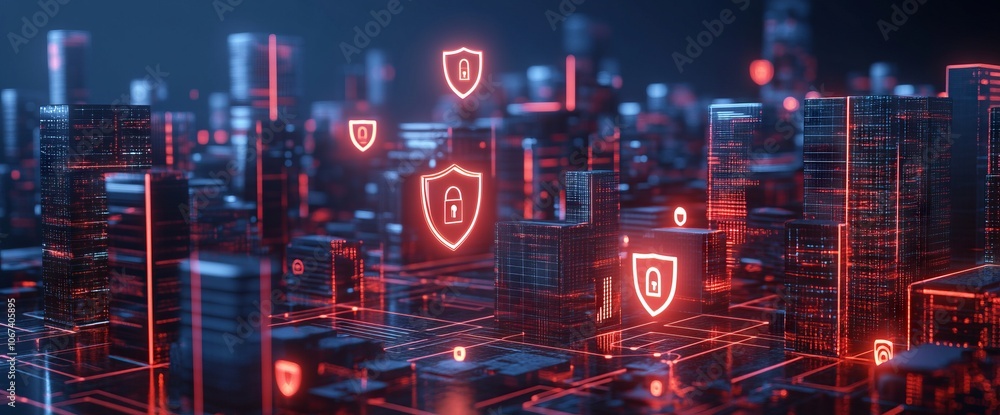 Holographic Icons Representing Digital Security Above Abstract Cityscape. AI generated illustration Holographic Icons Representing Digital Security Above Abstract Cityscape. AI generated illustration