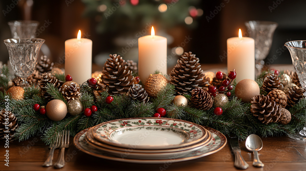 A festive winter table setting with candles, pine cones, and holly, creating a cozy holiday atmosphere
A festive winter table setting with candles, pine cones, and holly, creating a cozy holiday atmosphere