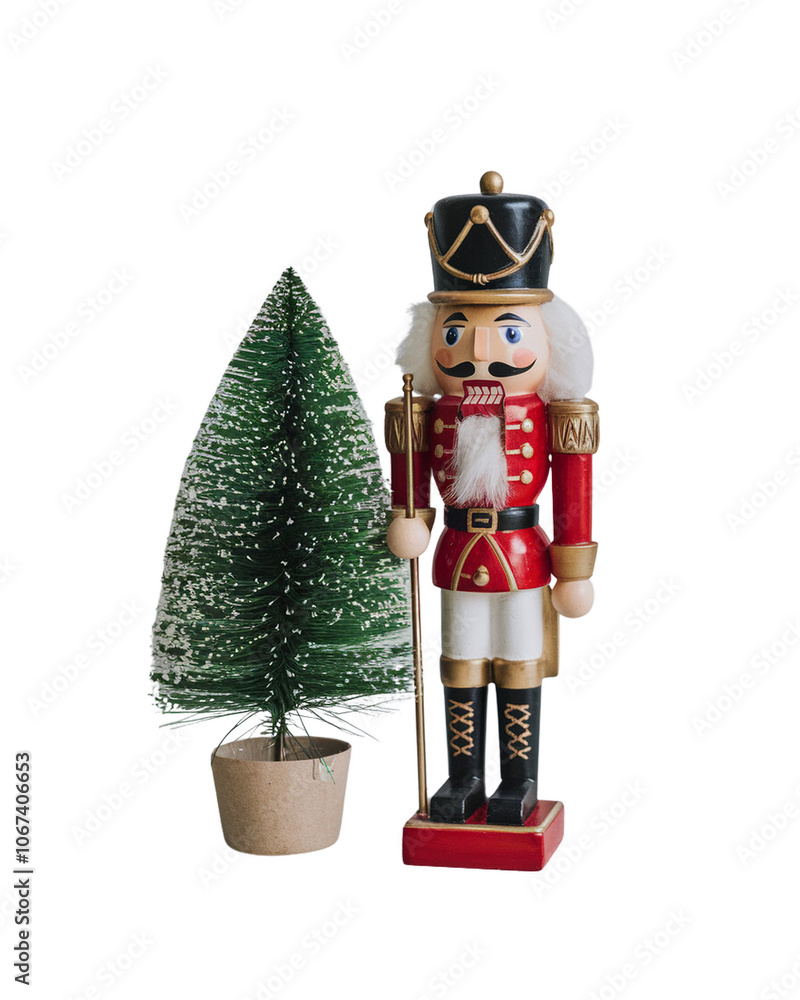 Nutcracker figurine standing beside a small Christmas tree on a transparent background. Perfect for festive and holiday decor themes.

