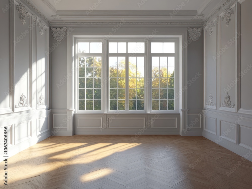 A bright, elegant room with large windows offering a view of nature outside. A bright, elegant room with large windows offering a view of nature outside.