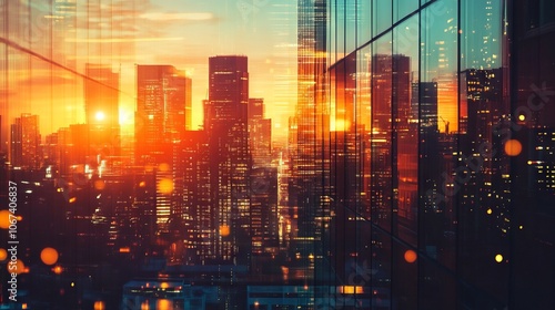 Abstract Background of a Modern City at Sunset with Skyscrapers Reflected on Glass Windows. AI generated illustration