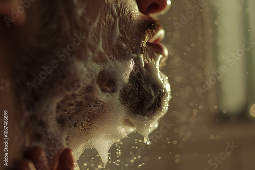 A close-up of a man washing his face with soap in a softly lit bathroom during the morning routine photo