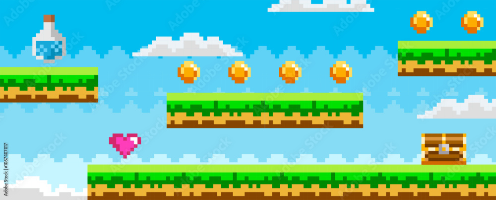 Retro pixel art showing a platformer game level with floating platforms hearts coins clouds and a treasure chest against a blue sky. Ideal for game design nostalgia retro gaming arcade games and Retro pixel art showing a platformer game level with floating platforms hearts coins clouds and a treasure chest against a blue sky. Ideal for game design nostalgia retro gaming arcade games and
