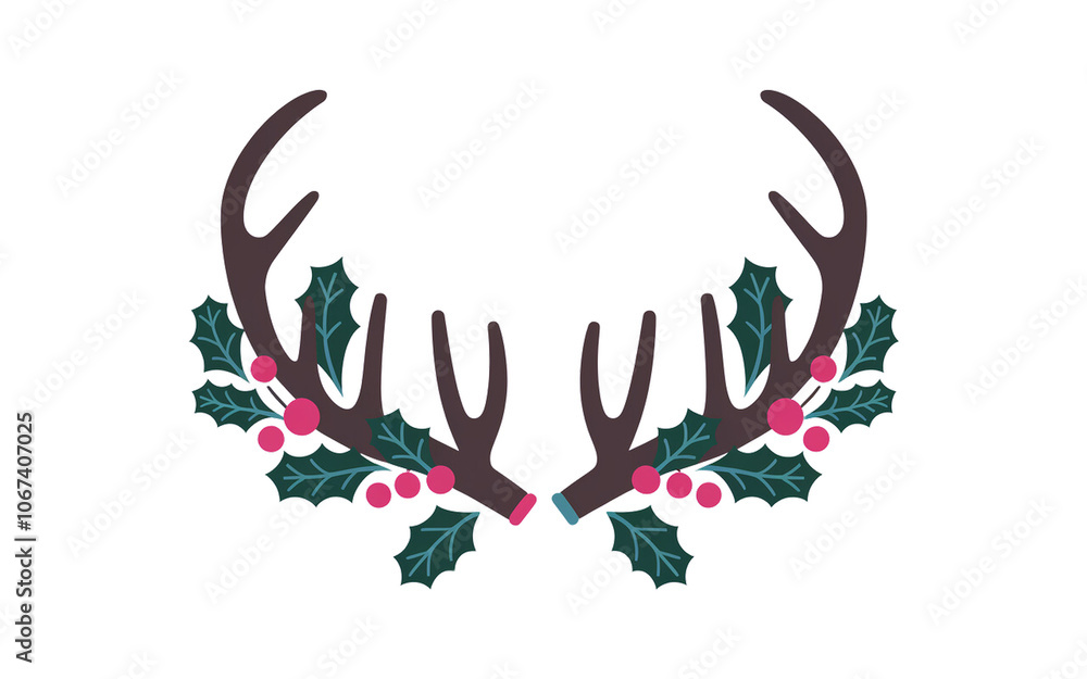 Fototapeta premium Pair of reindeer antlers adorned with red berries and holly on a PNG transparent background. Ideal for festive and holiday-themed designs.