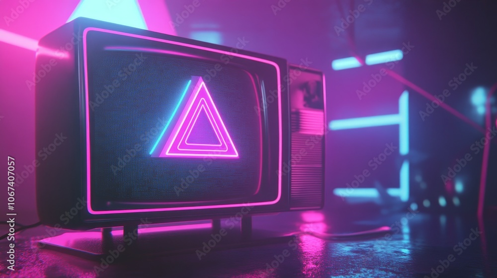 Retro TV screen ad with 80s neon style, futuristic product promotion, bold typography. Retro TV screen ad with 80s neon style, futuristic product promotion, bold typography.