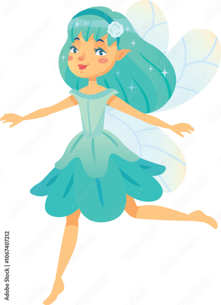 Naklejka premium Beautiful fairy with turquoise hair and big bright eyes is running happily wearing a light dress and flower shaped skirt