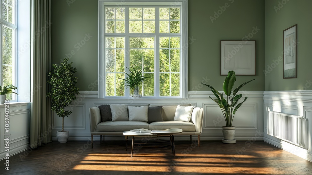 Fototapeta premium Living Room Interior with Large Window, Sofa, and Plants