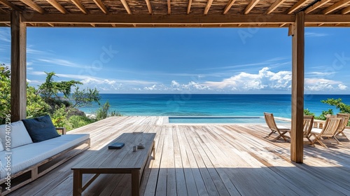 Serene Sky and Ocean View from Wooden Deck, a picturesque scene with an infinity pool, a wooden deck, lounge chairs, and lush greenery, offering tranquility and relaxation in paradise.