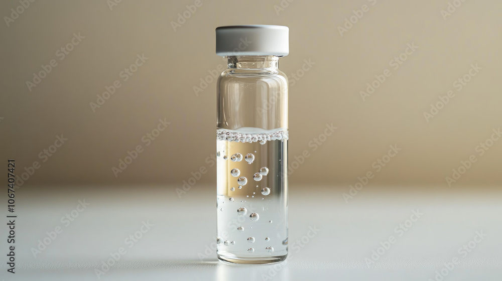 A clear and small glass vial filled with liquid and bubbles, shown in isolation on a white surface. A clear and small glass vial filled with liquid and bubbles, shown in isolation on a white surface.
