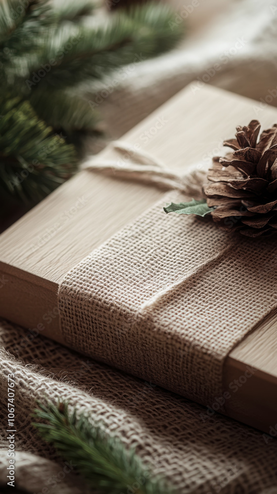 Rustic christmas gift wrapped in burlap with pinecone decoration for holiday celebration Rustic christmas gift wrapped in burlap with pinecone decoration for holiday celebration