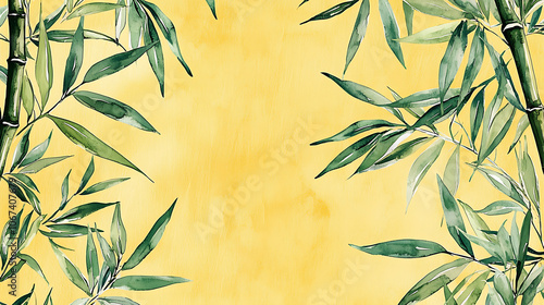 Artistic bamboo stems and leaves rendered in delicate watercolor strokes, arranged against a bold yellow background, offering a tranquil yet vibrant scene that merges natural beauty with artistic expr photo