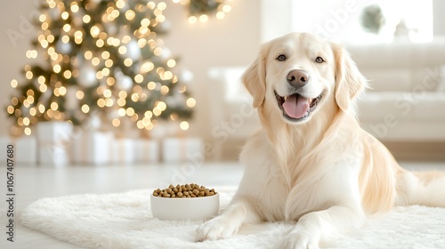 Happy Golden Retriever Sitting Beside Food Bowl