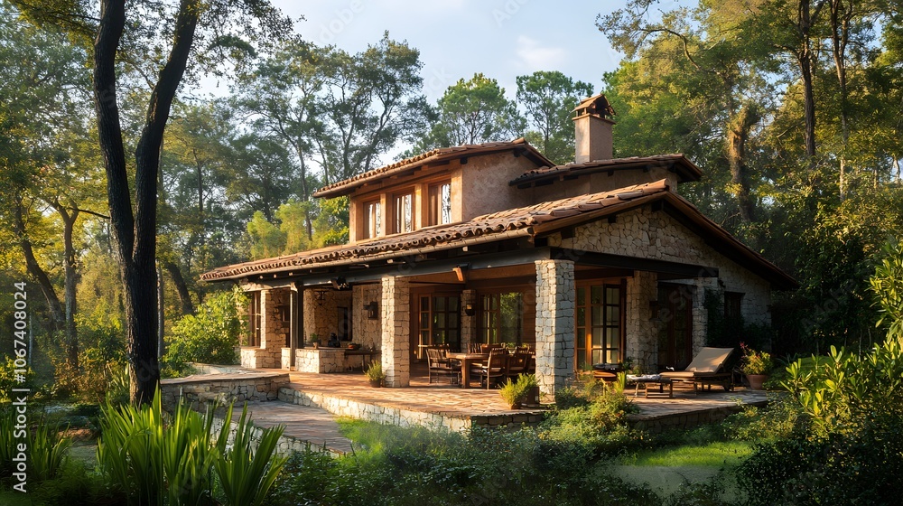Rustic Villa Exterior Nestled in a Forest Setting Rustic Villa Exterior Nestled in a Forest Setting