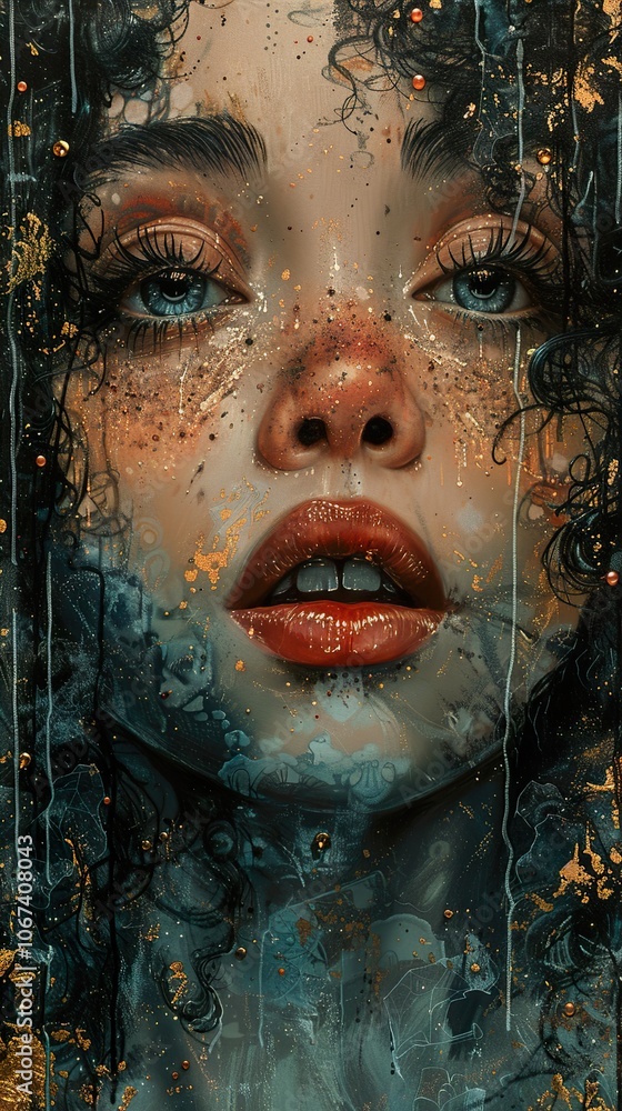 Intriguing Portrait of a Woman with Blue Eyes and Gold Sparkles Intriguing Portrait of a Woman with Blue Eyes and Gold Sparkles