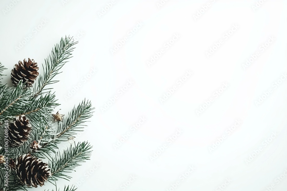 Evergreen branch with pine cones on white, evoking festive Christmas spirit. Evergreen branch with pine cones on white, evoking festive Christmas spirit.
