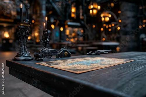 Old-fashioned writing desk with Gothic candlesticks, vintage revolvers, and Western map, in a dimly lit space photo