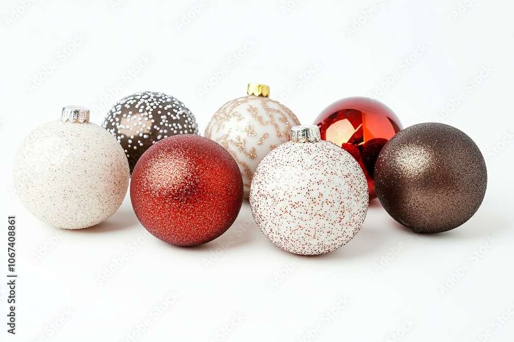 Red gold Christmas ornaments on snowlike white background, festive holiday decor. Red gold Christmas ornaments on snowlike white background, festive holiday decor.