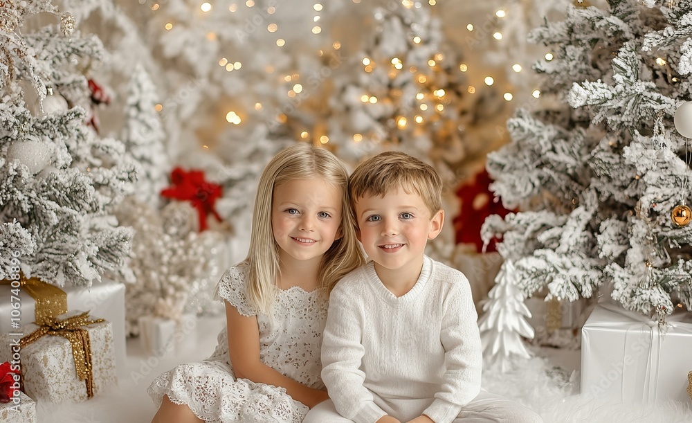 Two girls on white blanket, smiling, near decorated Christmas tree with ornaments. Two girls on white blanket, smiling, near decorated Christmas tree with ornaments.