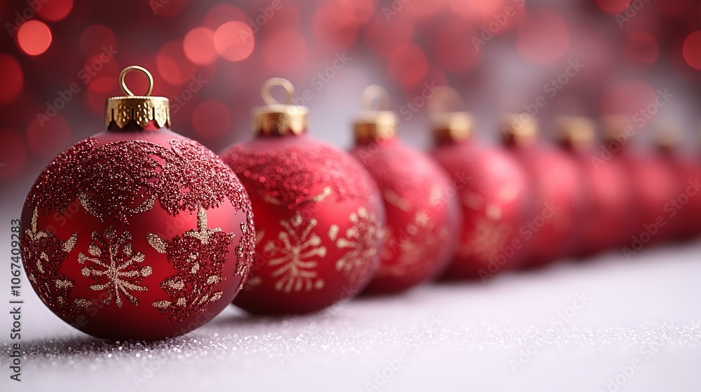 Festive row of shiny red Christmas ornaments on white background. Festive row of shiny red Christmas ornaments on white background.