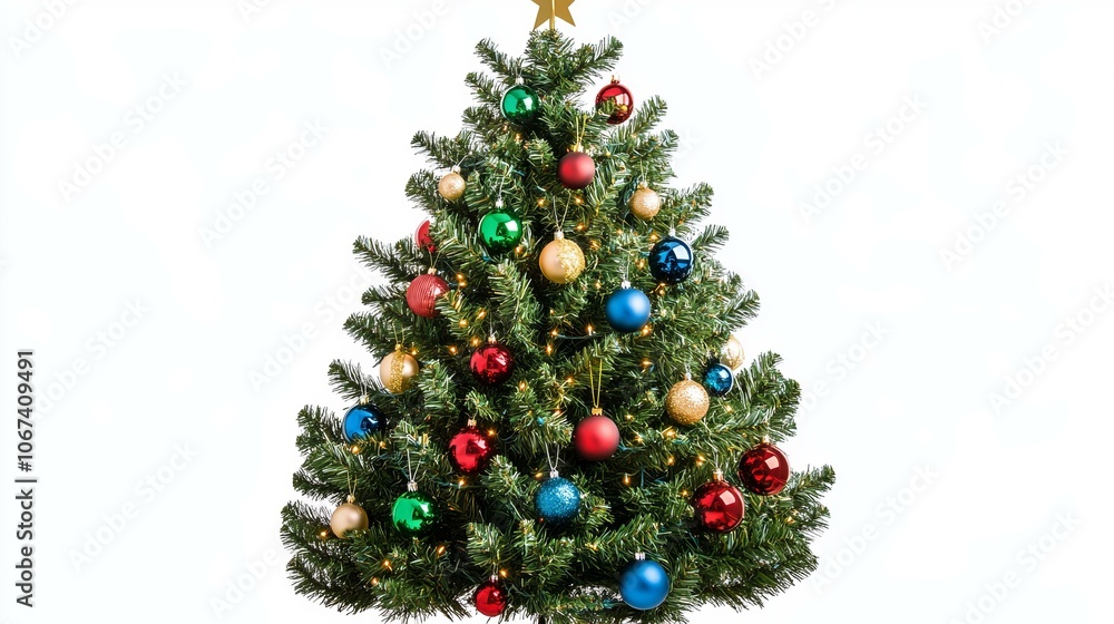 Christmas tree adorned with vibrant ornaments, twinkling lights, festive decor. Christmas tree adorned with vibrant ornaments, twinkling lights, festive decor.