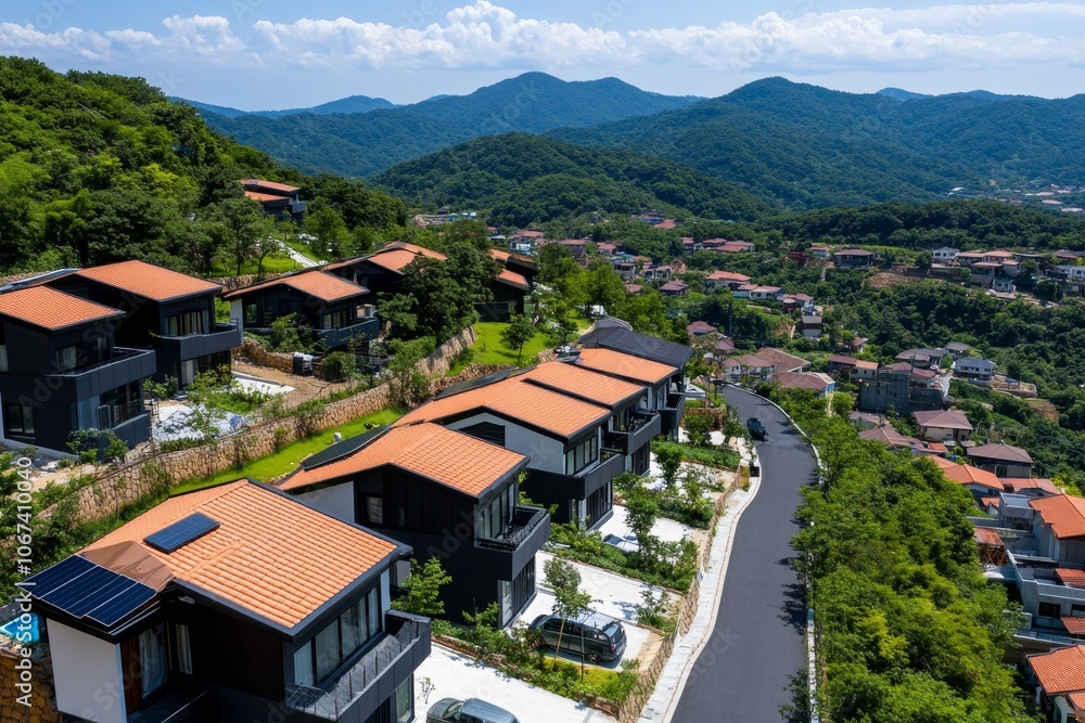 Fototapeta premium Rural housing cooperative with a few small homes and shared amenities, symbolizing community and affordability