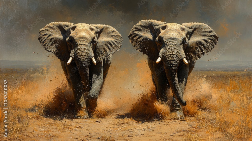 Fototapeta premium African elephants walking together through a dust-filled savannah under the blazing midday sun, with their tusks catching the light; subtle heat haze in the background