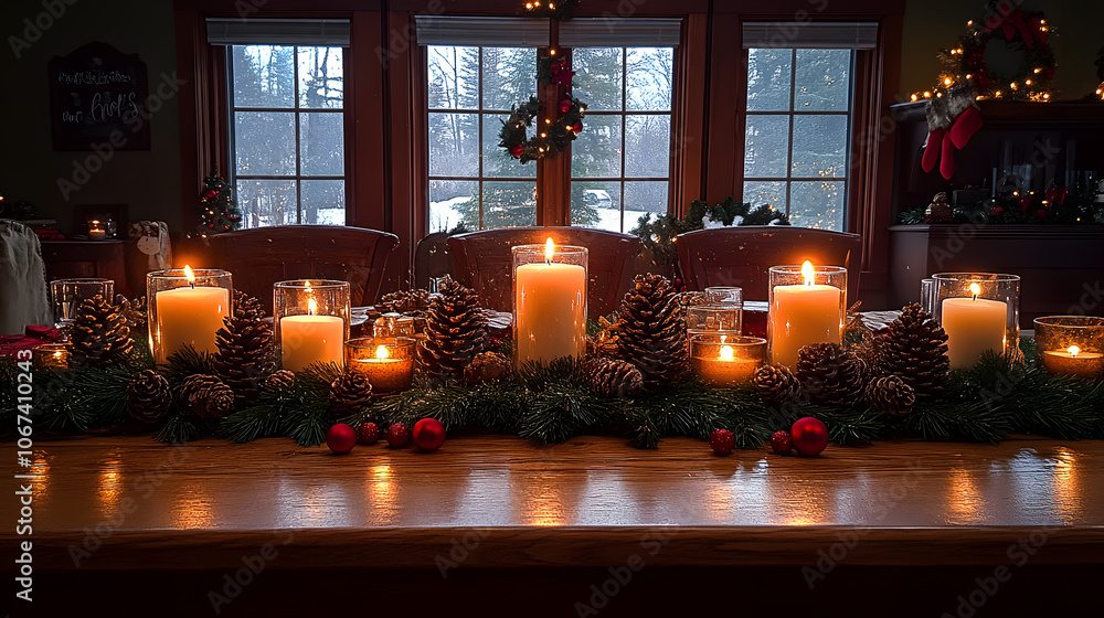 A festive winter table setting with candles, pine cones, and holly, creating a cozy holiday atmosphere
A festive winter table setting with candles, pine cones, and holly, creating a cozy holiday atmosphere