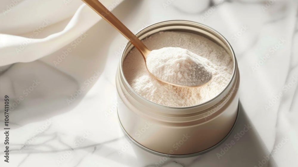 Closeup of a Gold Spoon Scooping White Powder from a Container Closeup of a Gold Spoon Scooping White Powder from a Container