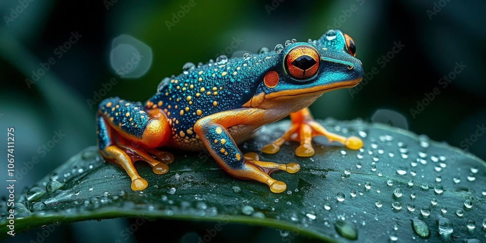 Close-up of a colorful poison dart frog perched on a green leaf in a tropical rainforest; the surroundings are blurred with bokeh, highlighting the frog's vibrant colors and glossy skin Close-up of a colorful poison dart frog perched on a green leaf in a tropical rainforest; the surroundings are blurred with bokeh, highlighting the frog's vibrant colors and glossy skin